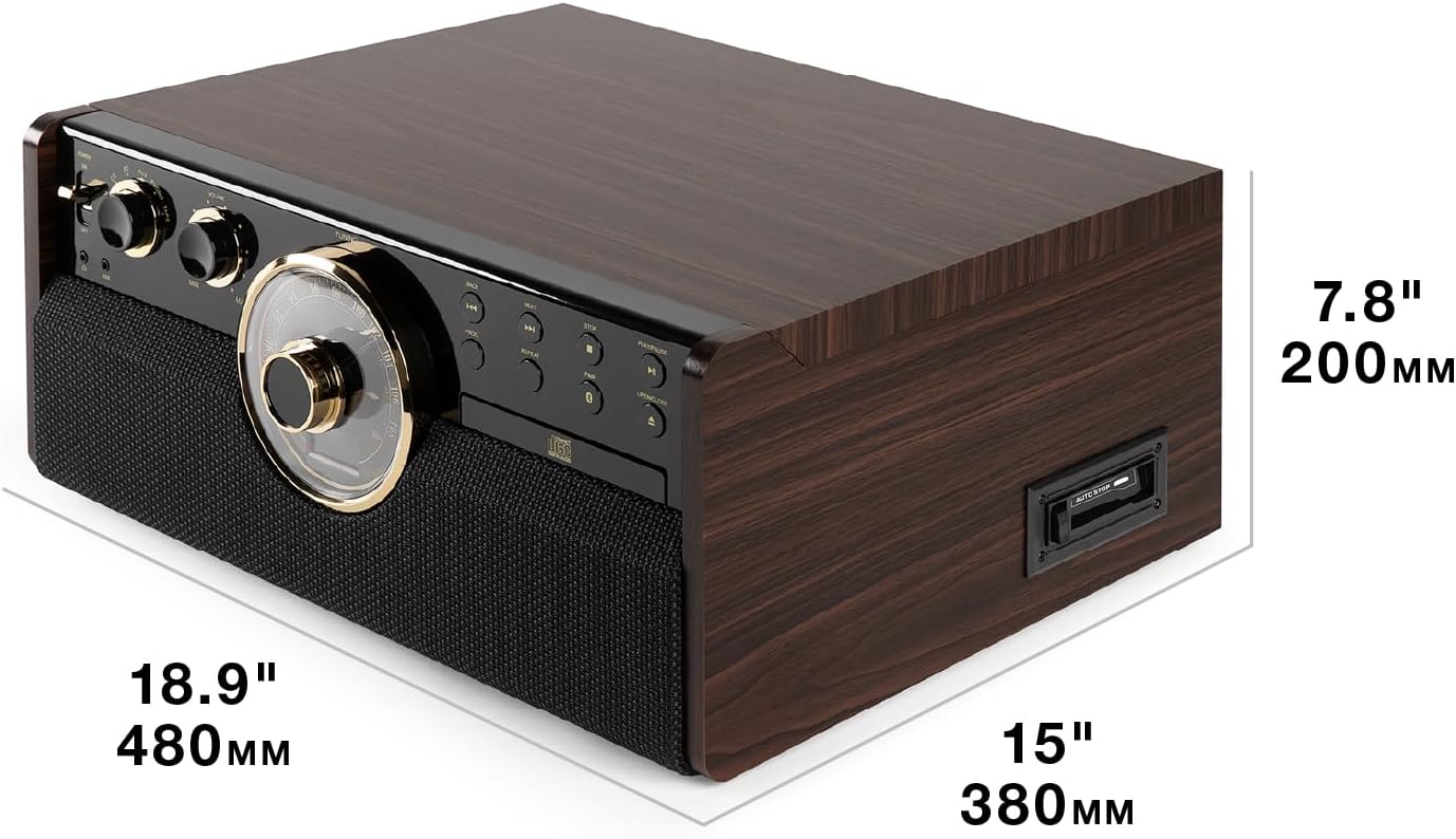 Victrola The Empire Mid-Century 6-in-1 Turntable & Multimedia Center with Built-in Speakers – 3 Speed, Bluetooth Connectivity, Radio, Cassette & CD Player, RCA Out, Headphone Jack (Espresso)