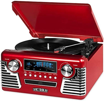 Victrola Haley Retro Bluetooth Record Player & Multimedia Center with Built-in Speakers - 3-Speed Turntable, CD Player, AM/FM Radio, 3.5mm Aux-In, Wireless Music Streaming, Red