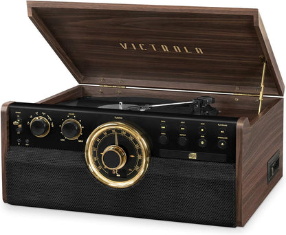 Victrola The Empire Mid-Century 6-in-1 Turntable & Multimedia Center with Built-in Speakers – 3 Speed, Bluetooth Connectivity, Radio, Cassette & CD Player, RCA Out, Headphone Jack (Espresso)