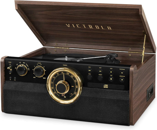 Victrola The Empire Mid-Century 6-in-1 Turntable & Multimedia Center with Built-in Speakers – 3 Speed, Bluetooth Connectivity, Radio, Cassette & CD Player, RCA Out, Headphone Jack (Espresso)