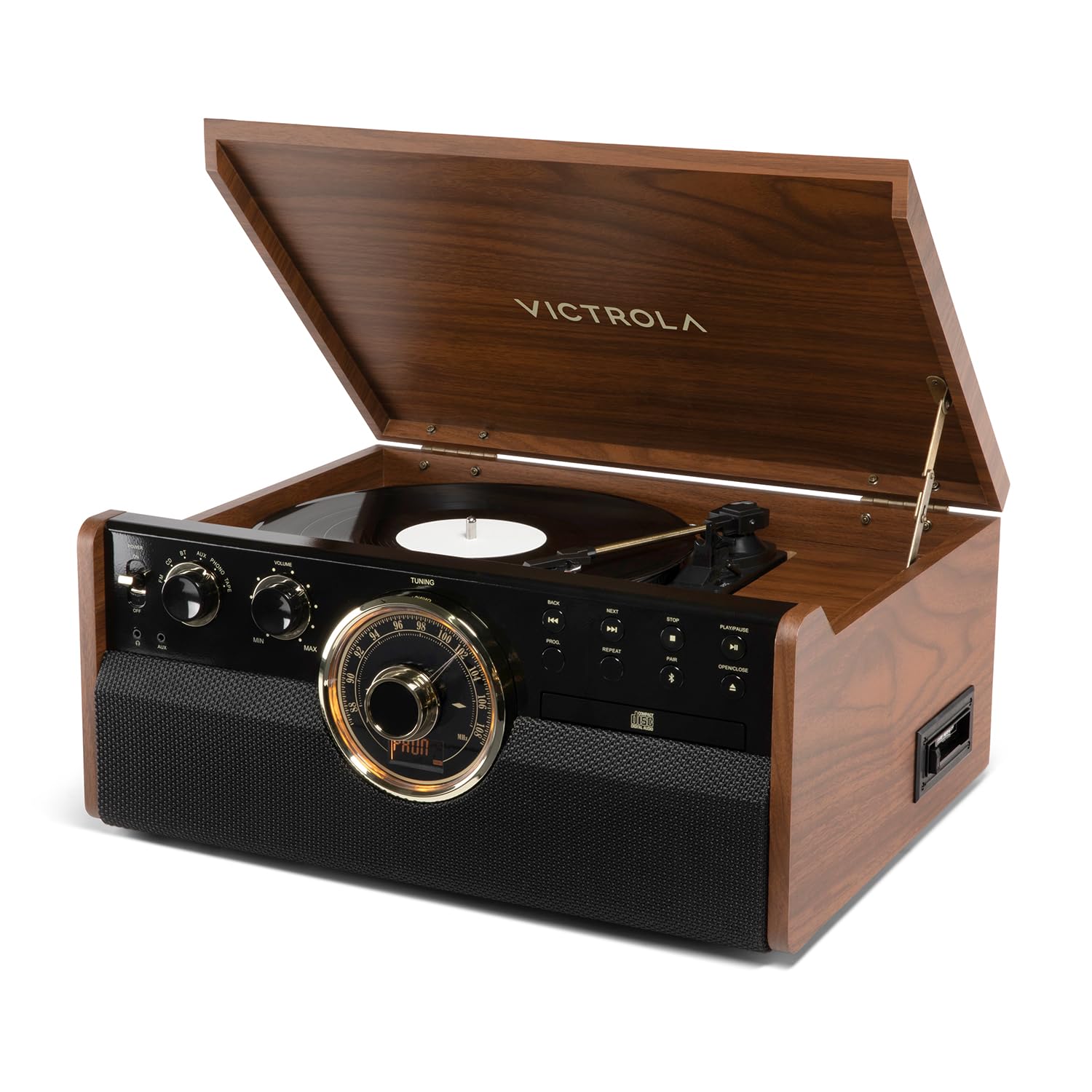Victrola The Empire Mid-Century 6-in-1 Turntable & Multimedia Center with Built-in Speakers – 3 Speed, Bluetooth Connectivity, Radio, Cassette & CD Player, RCA Out, Headphone Jack (Espresso)