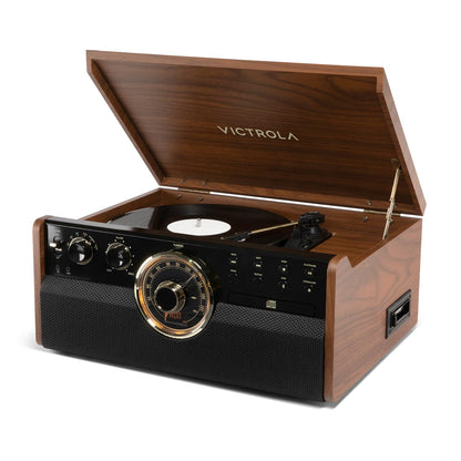 Victrola The Empire Mid-Century 6-in-1 Turntable & Multimedia Center with Built-in Speakers – 3 Speed, Bluetooth Connectivity, Radio, Cassette & CD Player, RCA Out, Headphone Jack (Espresso)