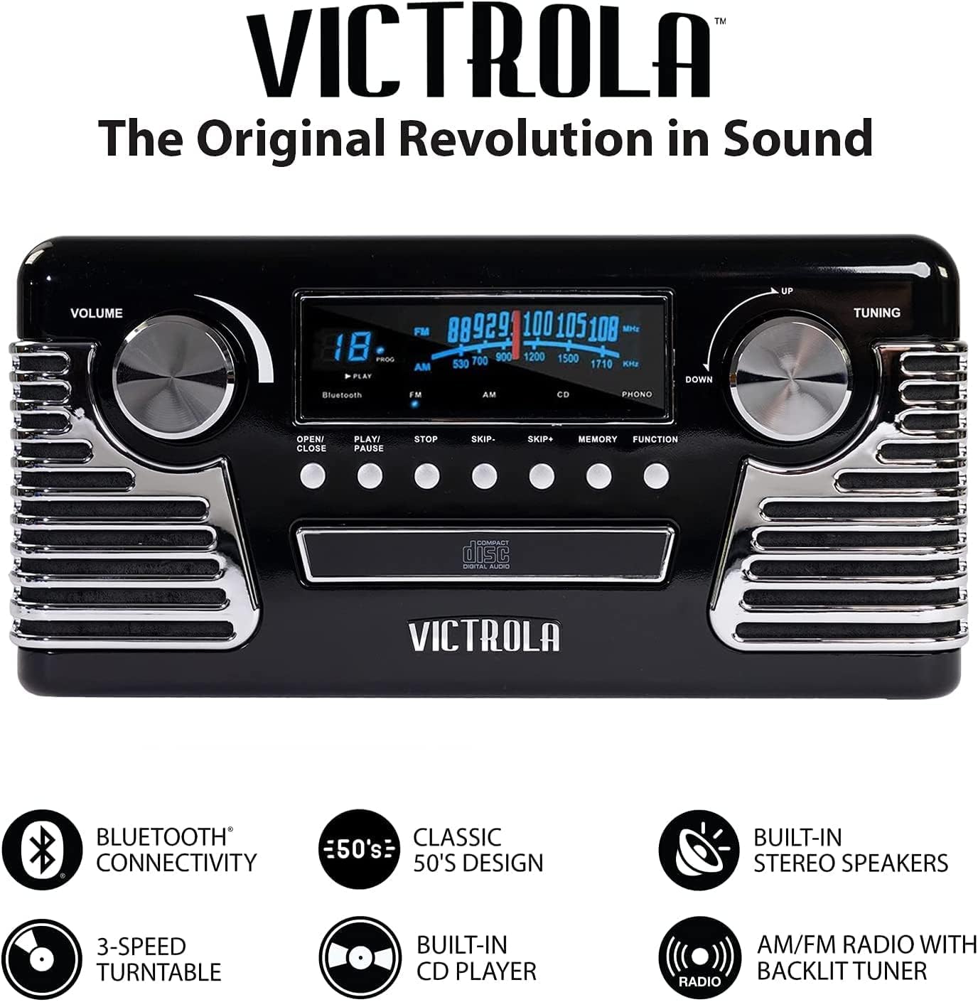 Victrola Haley Retro Bluetooth Record Player & Multimedia Center with Built-in Speakers - 3-Speed Turntable, CD Player, AM/FM Radio, 3.5mm Aux-In, Wireless Music Streaming, Red