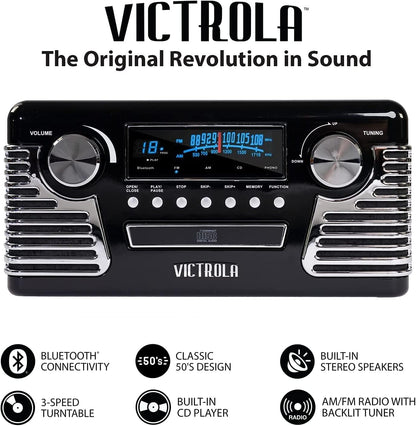 Victrola Haley Retro Bluetooth Record Player & Multimedia Center with Built-in Speakers - 3-Speed Turntable, CD Player, AM/FM Radio, 3.5mm Aux-In, Wireless Music Streaming, Red