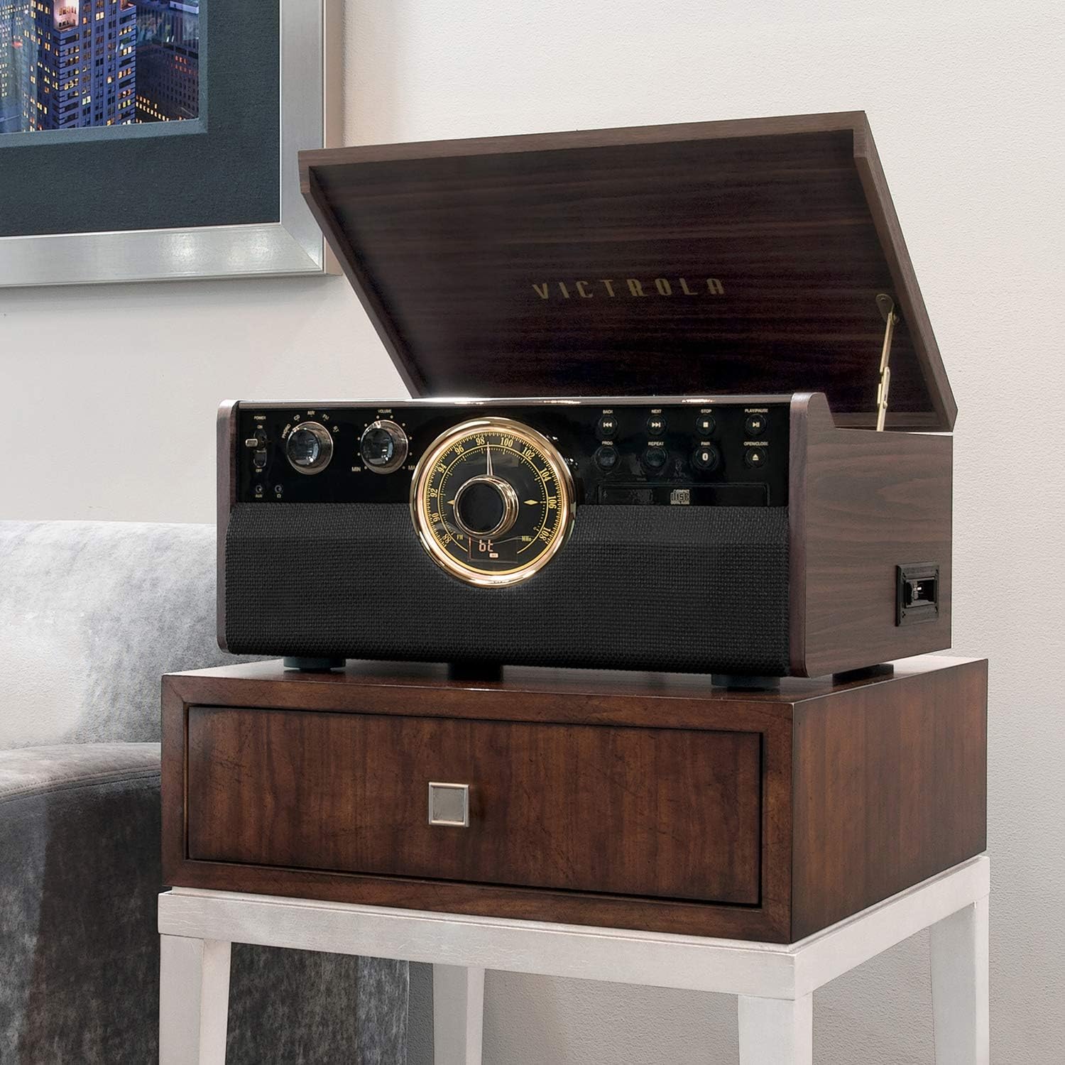 Victrola The Empire Mid-Century 6-in-1 Turntable & Multimedia Center with Built-in Speakers – 3 Speed, Bluetooth Connectivity, Radio, Cassette & CD Player, RCA Out, Headphone Jack (Espresso)